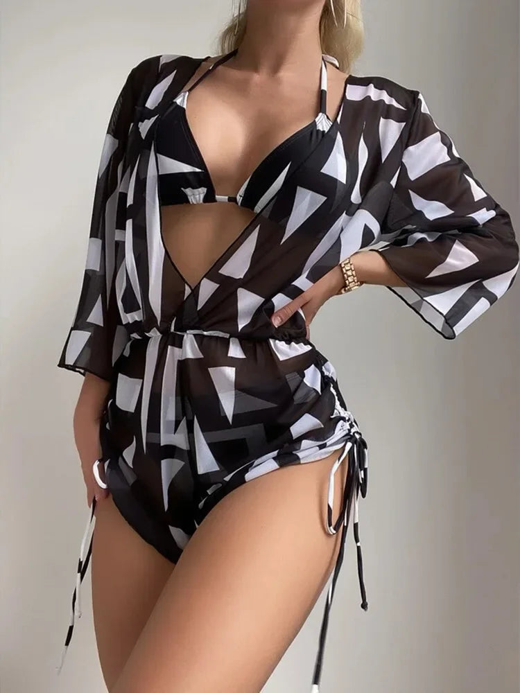 Geometric Print 3 Pieces Suit Swimwear Drawstring Bodysuit Mesh - Empire P.E