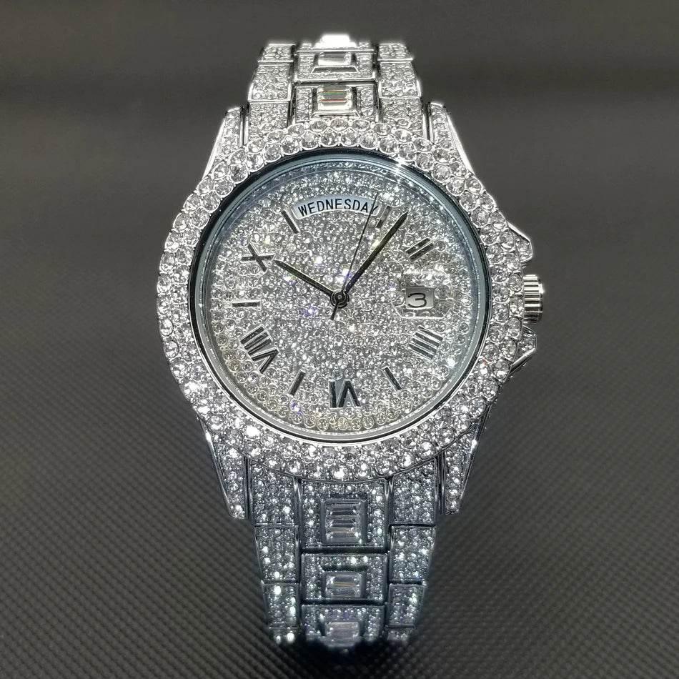 Luxury Shiny Diamond Watch For Men Hip Hop Trendy Iced Out Quartz Watches High Quality Stainless Steel Waterproof Day Date Clock - Empire P.E