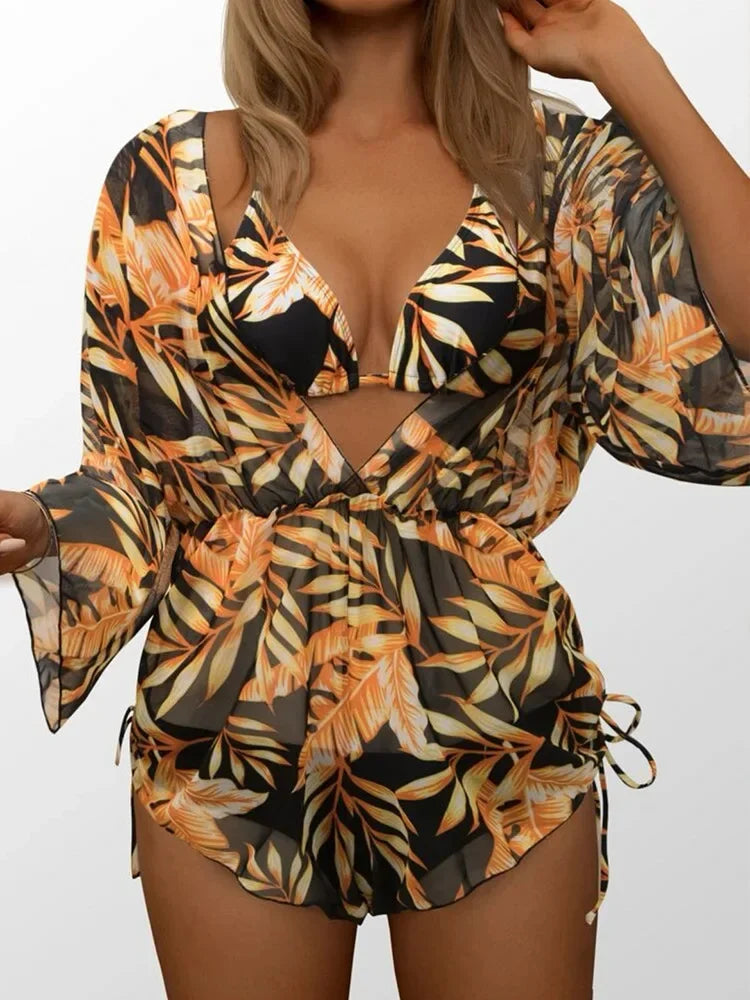 Geometric Print 3 Pieces Suit Swimwear Drawstring Bodysuit Mesh - Empire P.E
