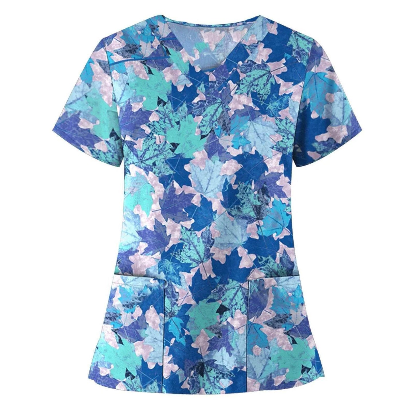 Women Working Uniform Animal Print Cartoon Cat Dog Short Sleeve V-neck Tops - Empire P.E