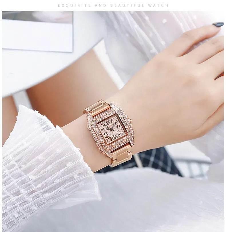 Ladies Dial Quartz Wristwatches Dress Clock Large square diamond-encrusted dial steel belt living waterproof quartz watch - Empire P.E
