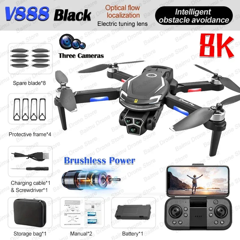 V888 Brushless Drone 8K Professional HD Triple Camera - Empire P.E