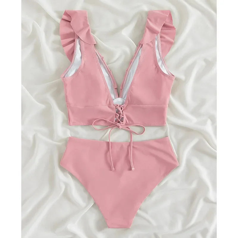 Riseado High Waist Bikinis Set Ruffle Shoulder Sexy Plunging Swimwear Women Bathing Suit Summer Beachwear - Empire P.E