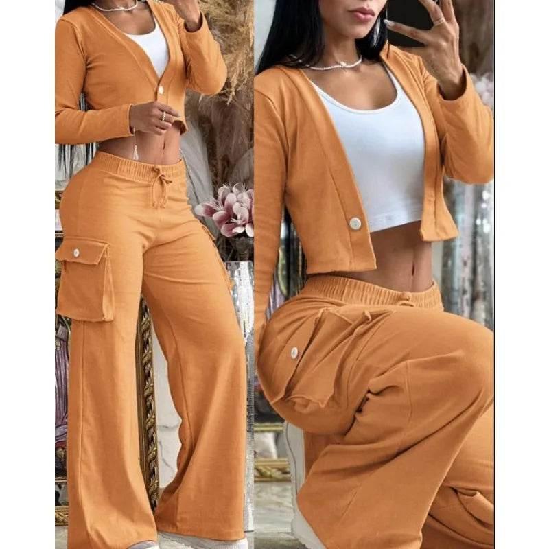 Spring Autumn Solid Slim Suit Women Long Sleeve Single Button V-neck Short Coat Drawstring Mid Waist Pocket Wide-Leg Pants Suit - Empire P.E