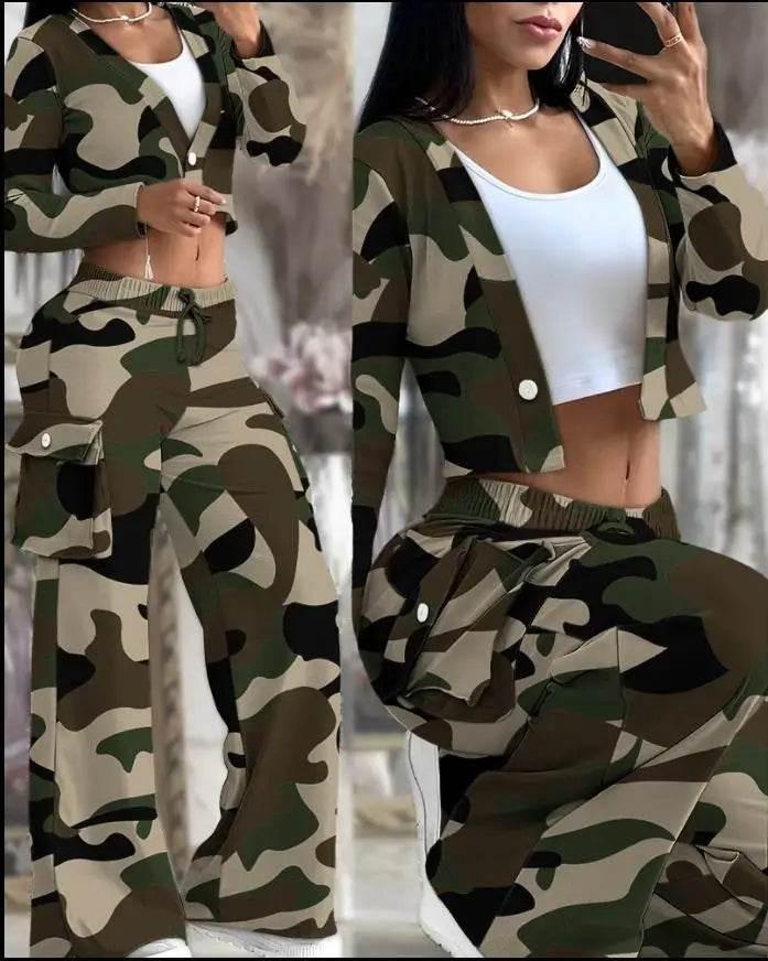 Spring Autumn Solid Slim Suit Women Long Sleeve Single Button V-neck Short Coat Drawstring Mid Waist Pocket Wide-Leg Pants Suit - Empire P.E