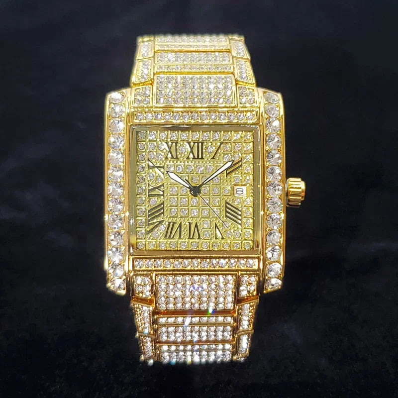 New Luxury Diamond Watch for Men Fashion Ice Out Rectangle Wristwatch - Empire P.E