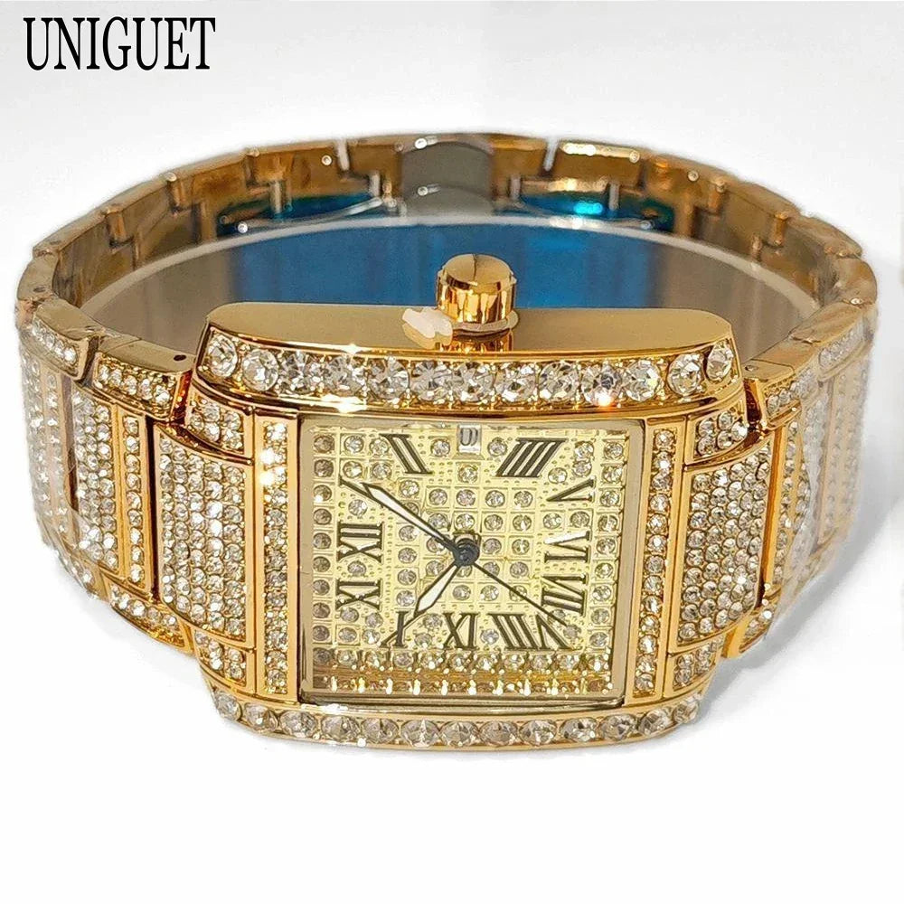 Iced Out Watch For Men Luxury Gold Stainless Steel Quartz - Empire P.E