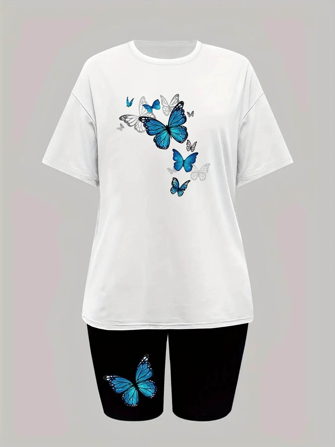 Conjuntos Para Mujeres 2 Piezas Women's Butterfly Printed Two-piece Set, Short Sleeved T-shirt, Round Neck, Shorts, Summer - Empire P.E