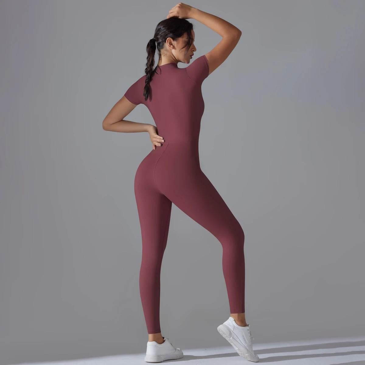 Yoga Set Women's Jumpsuits One-Piece Suit Zipper Short Sleeve Gym Push Up Workout Clothes Fitness Bodysuit Sportswear Tracksuit - Empire P.E