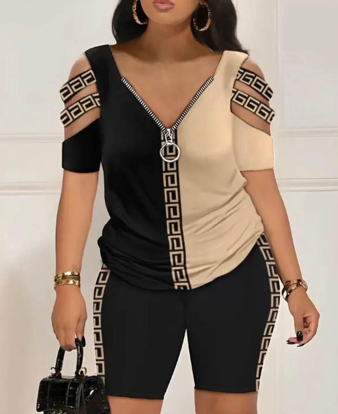 2024 Fashion Sexy Out T Shirt And Shorts 2 Piece Sets Women Outfit Summer Casual Loose Print T Shirts Two Piece Set For Women - Empire P.E