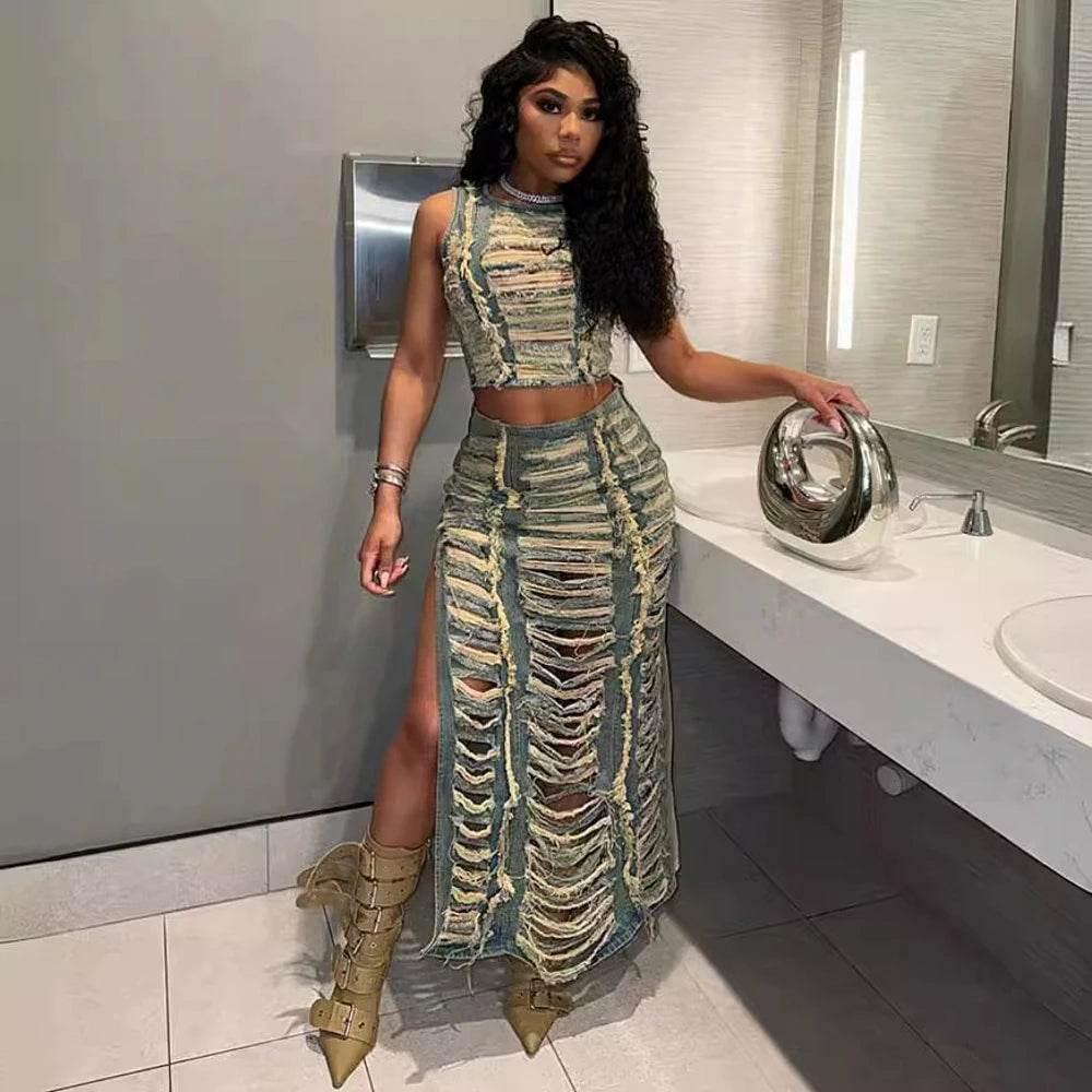 2 Piece Set Women 2024 Summer Sexy Club Tops And Maxi Skirt Sets High Waist Slit Skirt Mujer Matching Sets Denim Jacket Outfit - Empire P.E