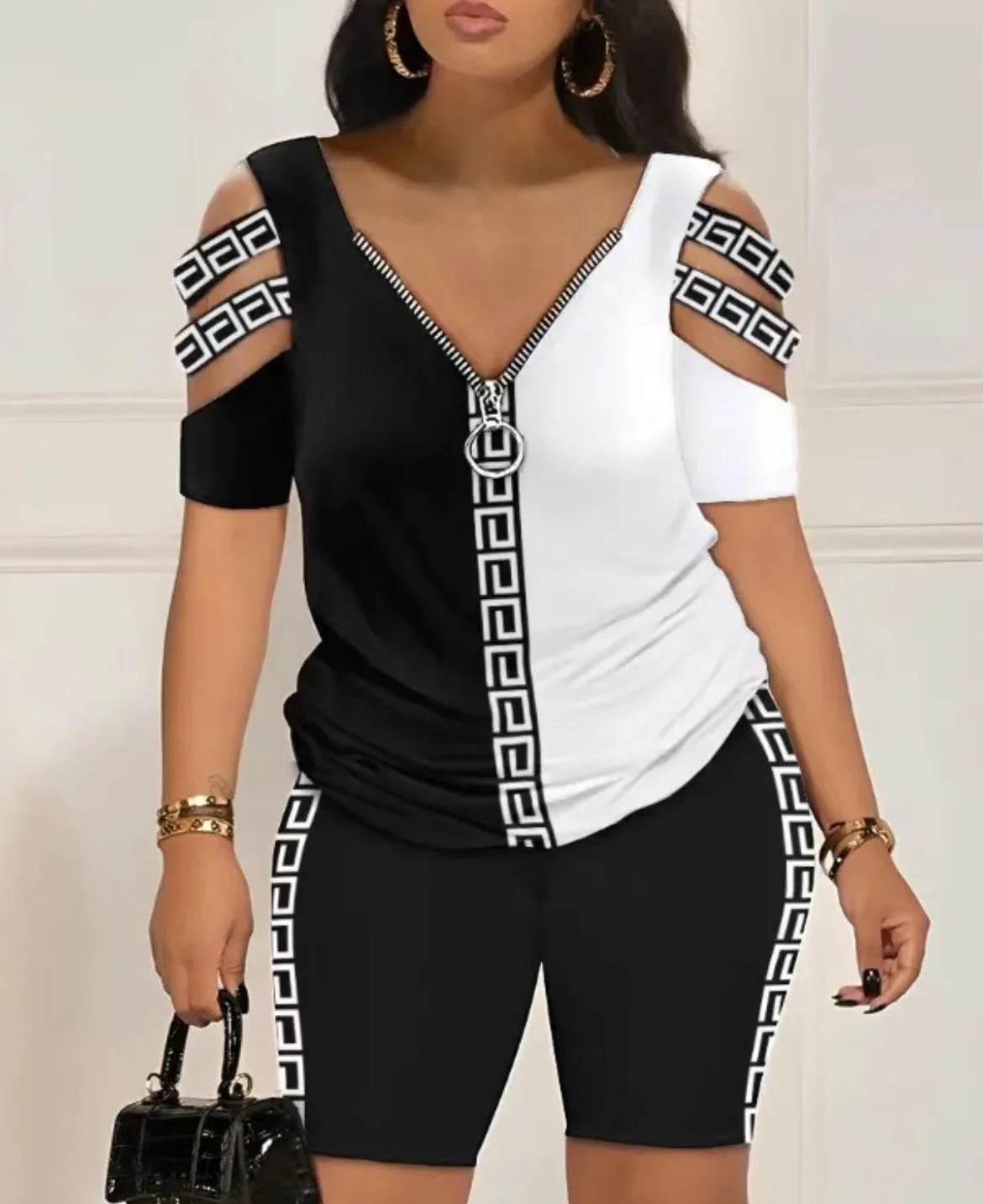 2024 Fashion Sexy Out T Shirt And Shorts 2 Piece Sets Women Outfit Summer Casual Loose Print T Shirts Two Piece Set For Women - Empire P.E