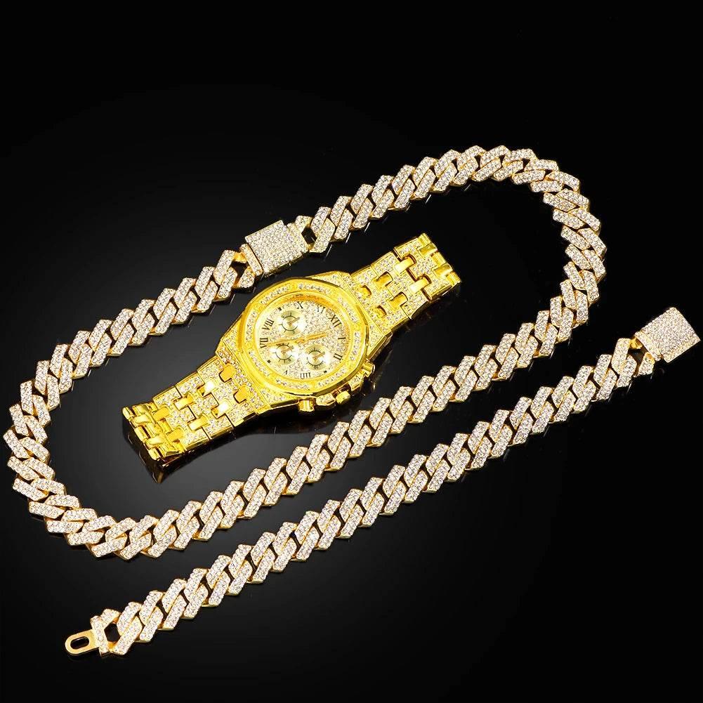 14MM Necklace+Watch+Bracelet Iced Out Watches For Men 2 Row Rhinestone Cuban Chain Necklace Set Women Men Hiphop Jewelry Gift - Empire P.E