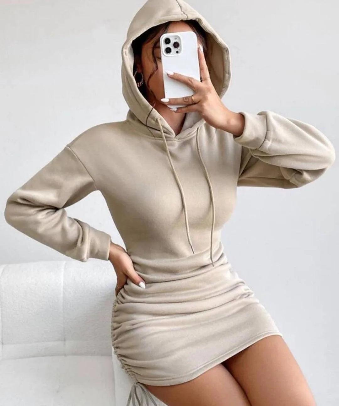 Autumn And Winter New Sexy Wind Drawstring Design Hooded Hip Long Sleeve Hoodie Dress Woman - Empire P.E