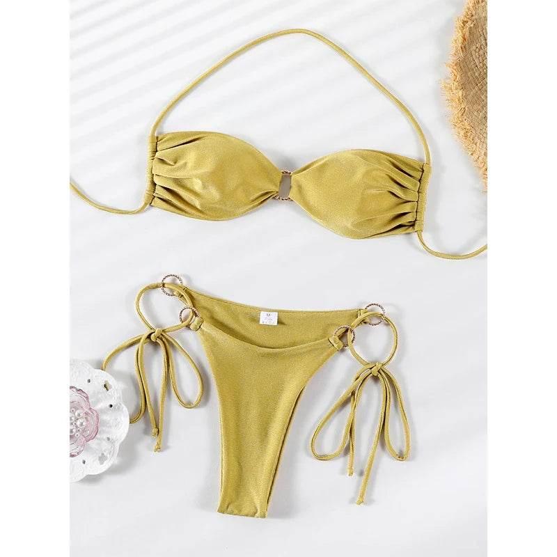 Solid Color Bikinis Push Up Swimwear Women Halter Bikini Set - Empire P.E