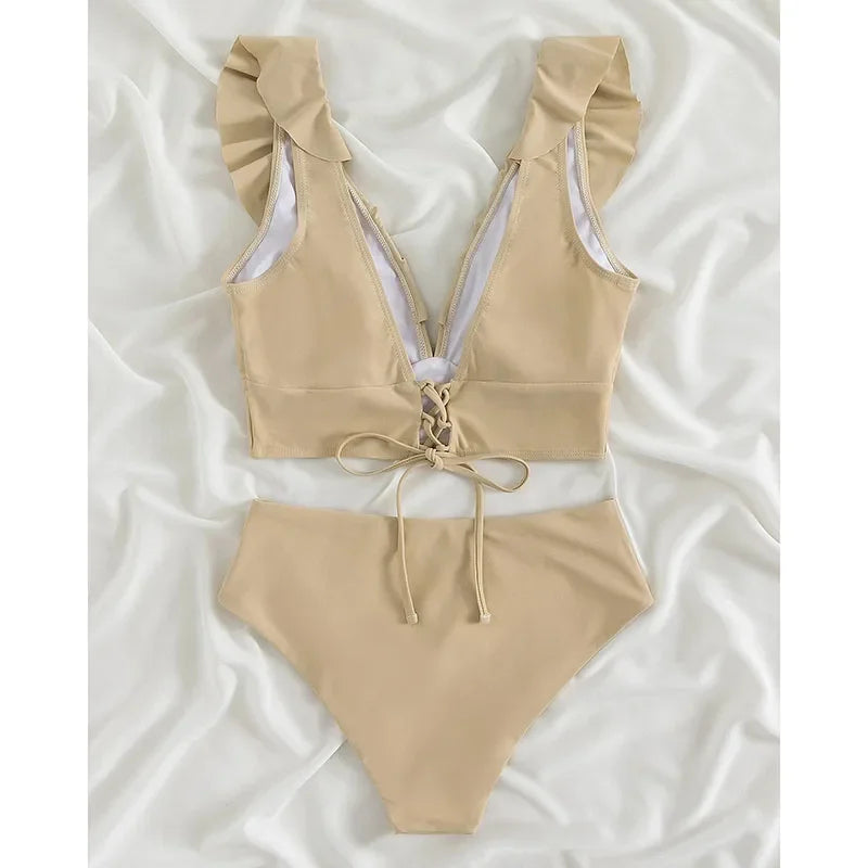 Riseado High Waist Bikinis Set Ruffle Shoulder Sexy Plunging Swimwear Women Bathing Suit Summer Beachwear - Empire P.E
