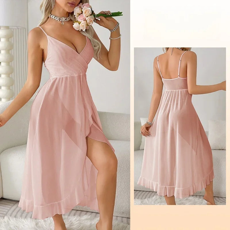 2025 Sleep Shirts Sheer Mesh Slip Dress Criss Cross Back