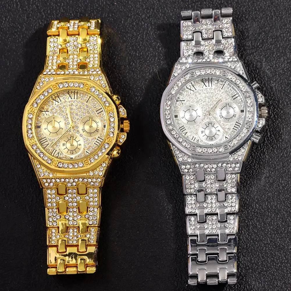 14MM Necklace+Watch+Bracelet Iced Out Watches For Men 2 Row Rhinestone Cuban Chain Necklace Set Women Men Hiphop Jewelry Gift - Empire P.E