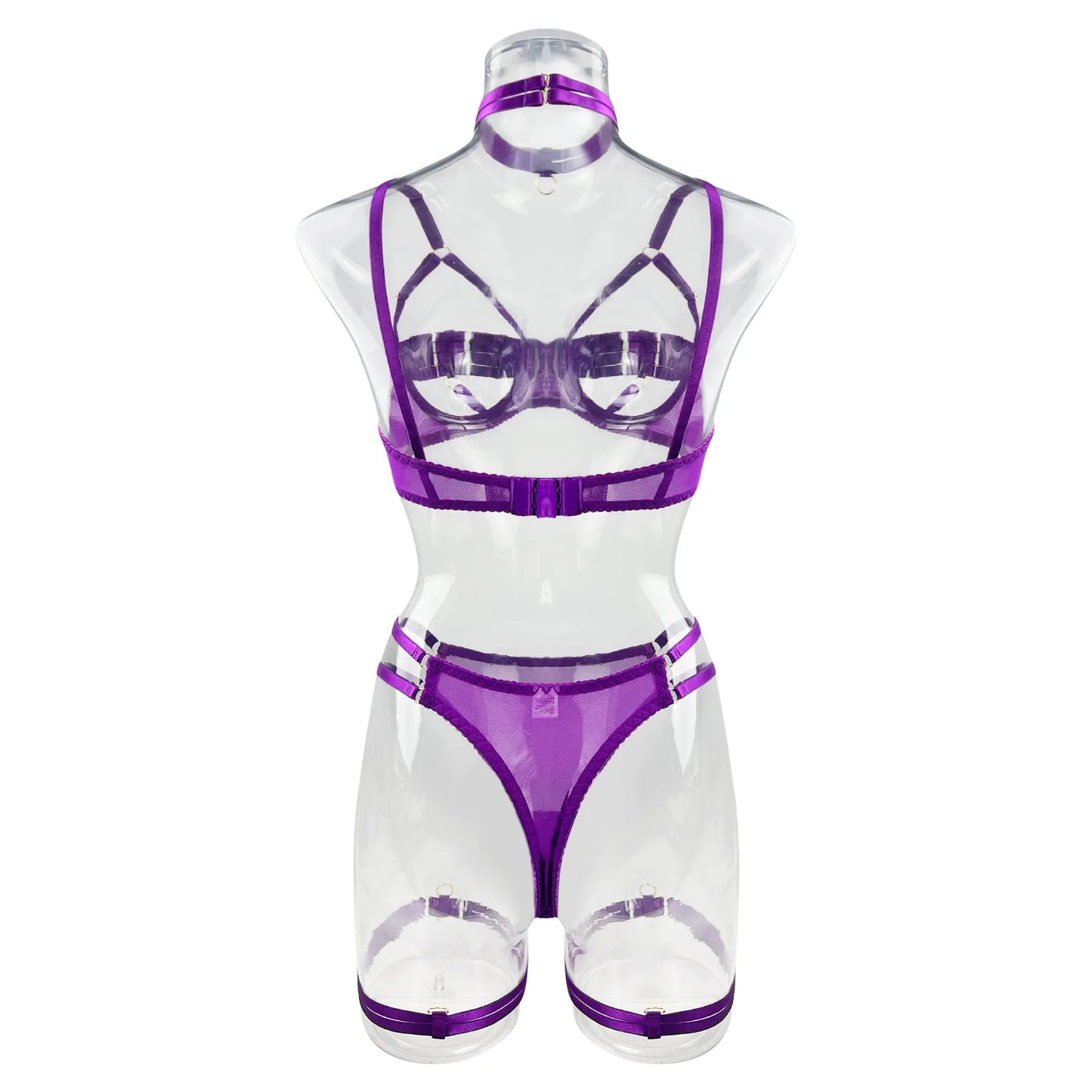 Yimunancy 4-Piece Bandage Erotic Set Women Choker Cut Out Solid Vintage Purple Sexy Lingerie Set Breif Kit - Empire P.E