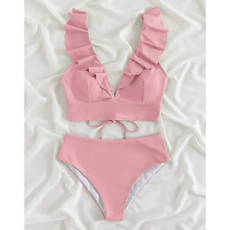 Riseado High Waist Bikinis Set Ruffle Shoulder Sexy Plunging Swimwear Women Bathing Suit Summer Beachwear - Empire P.E