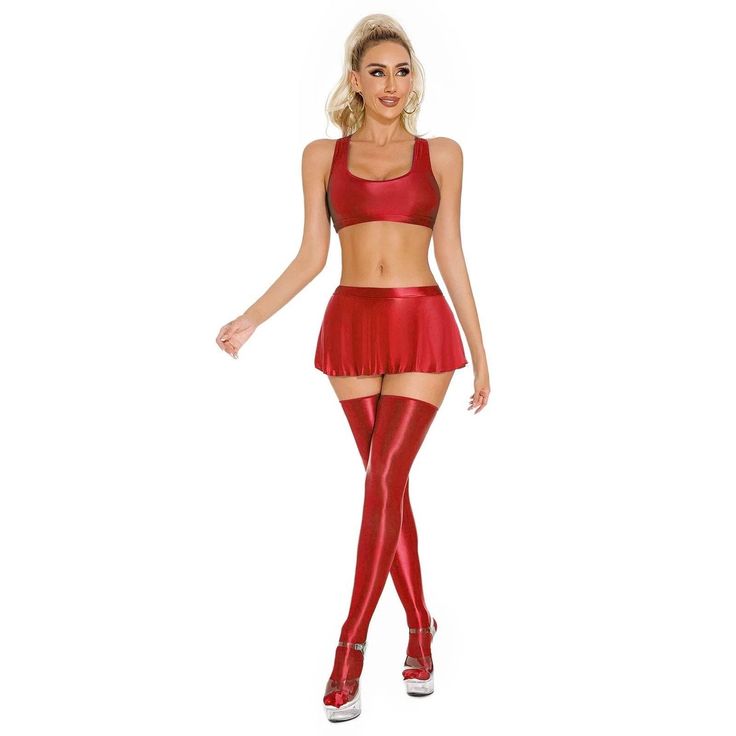 Glossy Lingerie Set Oil Shiny Tank Crop Tops With Miniskirt Stockings Outfits - Empire P.E