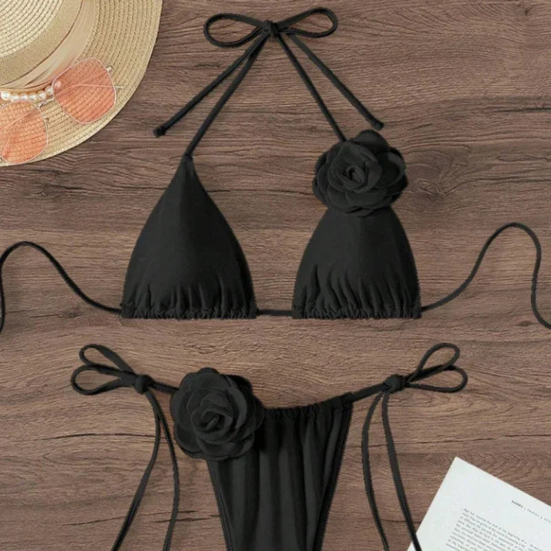 Sexy 3D Flowers Halter Strappy Bikini Swimsuit Two-pieces Bikini Set - Empire P.E