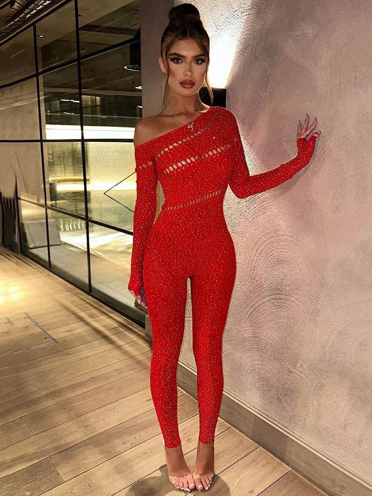 Sibybo Off Shoulder Long Sleeve Jumpsuits Women Fashion Rhinestones High Stretch Hollow Out Sexy Overalls Sparkly Party Rompers - Empire P.E