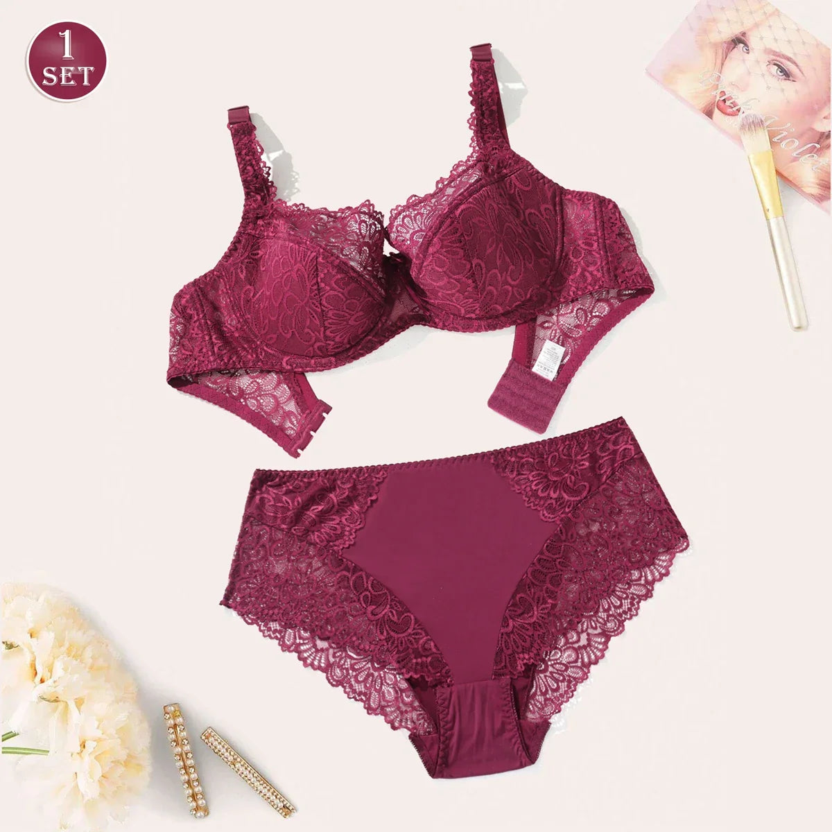Women Plain Lace Bra and Panty Thin Underwire Lingerie Set Plus Size - Empire P.E
