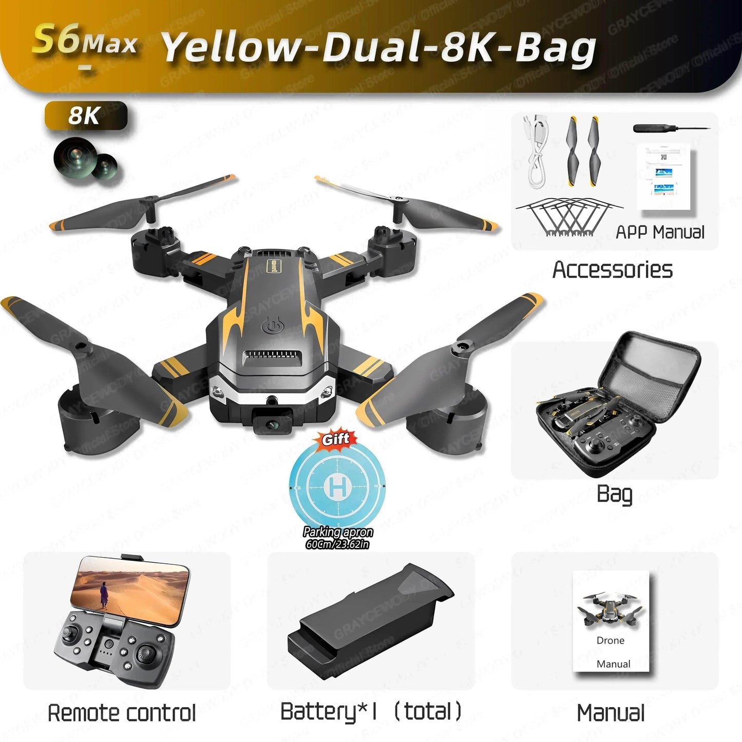 Newest S6 Max 8K Drone Professional Foldable Quadcopter Aerial HD Camera GPS RC Helicopter 10KM Obstacle Avoidance Sell Apron - Empire P.E