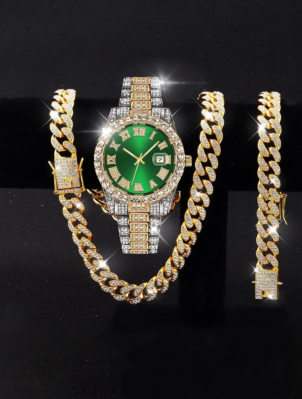 3PCS luxury alloy full diamond rhinestone mirror men's quartz watch with calendar and Hip Hop Cuban Necklace bracelet set - Empire P.E