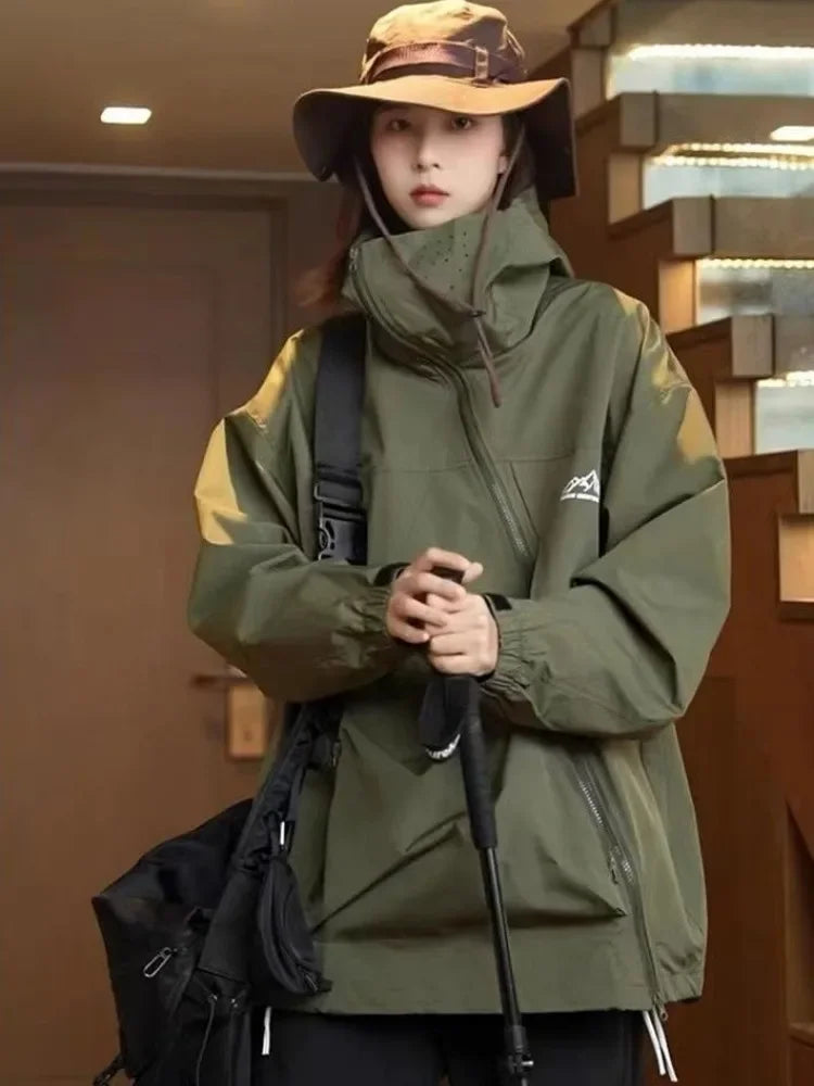 Outdoor Windbreaker Women Double Zipper Sweatshirt Hooded