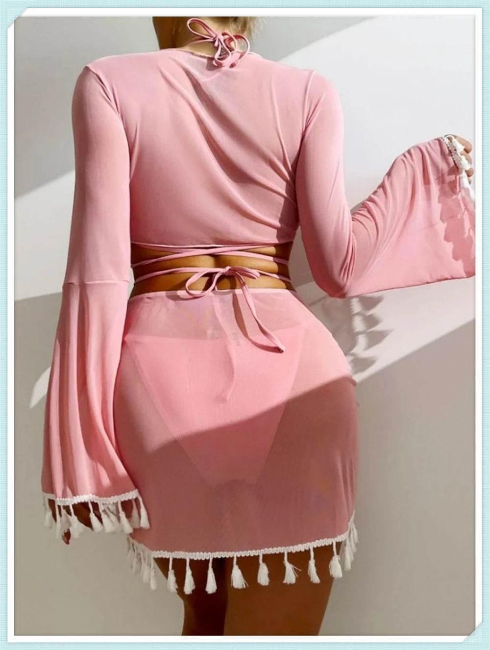 Sexy 4 Pieces Halter Bikinis Women Solid Swimwear Female Cover Up Swimsuit Long Sleeve And Skirt Bathing Suit Beachwear Summer - Empire P.E