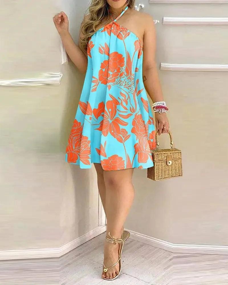 Floral Print Halter Neck Dress Boho Backless Halter Dress For Spring Summer Women's Clothing - Empire P.E