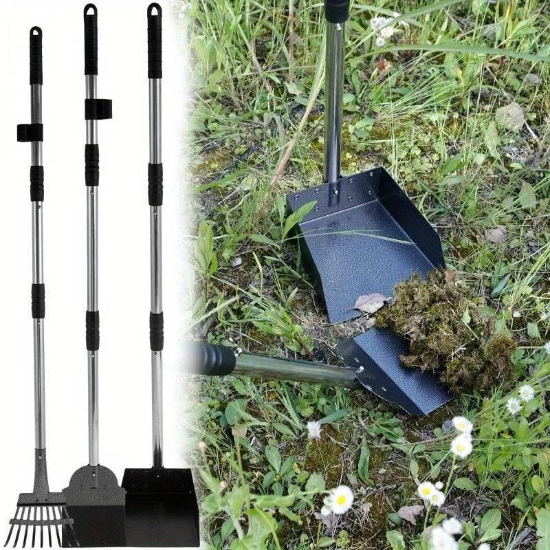 2/3Pcs Pet Pooper Scooper Set with Long Handle Multifunctional Metal Tray Rake Spade Dog Poop Picker For Pet Waste Removal - Empire P.E
