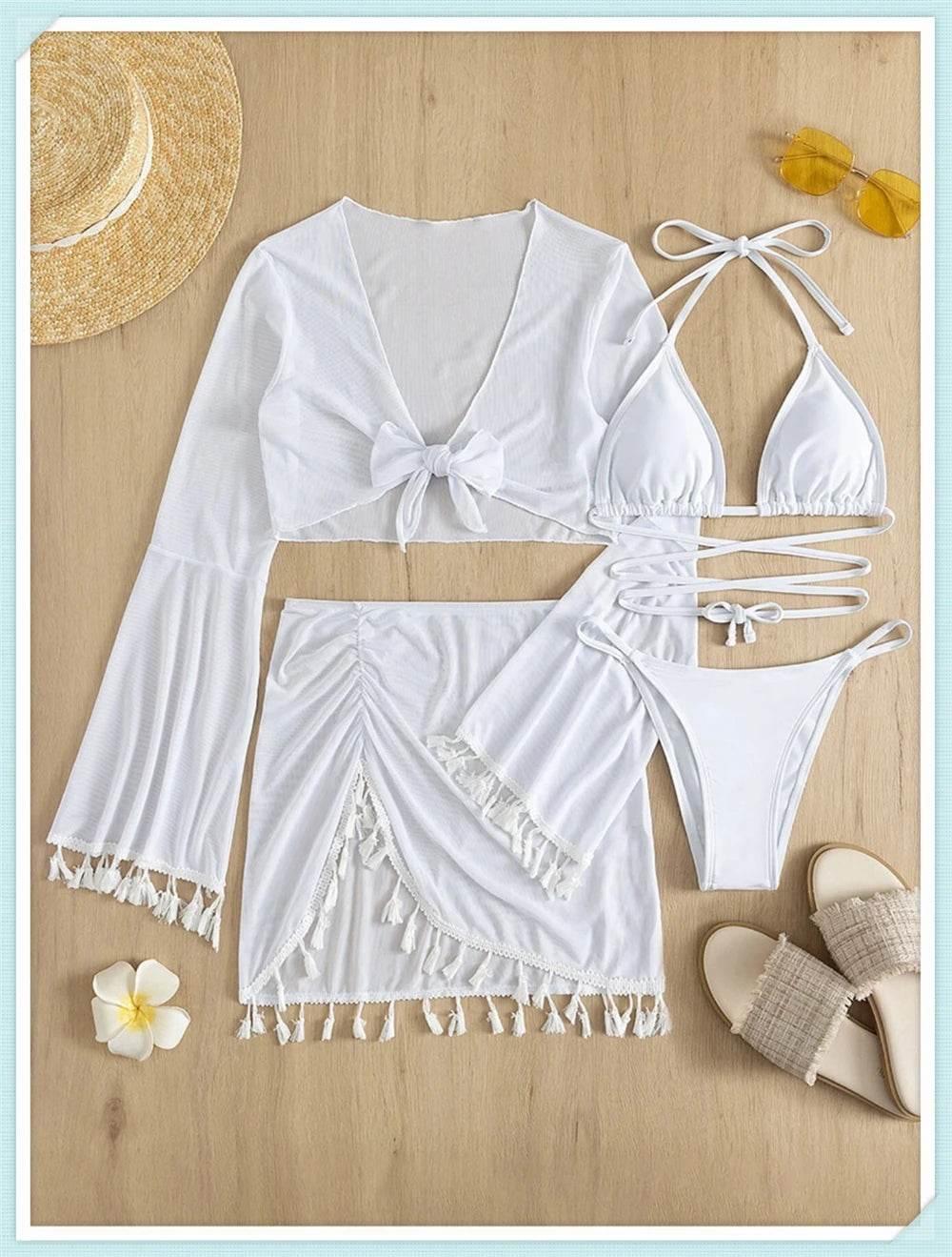 Sexy 4 Pieces Halter Bikinis Women Solid Swimwear Female Cover Up Swimsuit Long Sleeve And Skirt Bathing Suit Beachwear Summer - Empire P.E