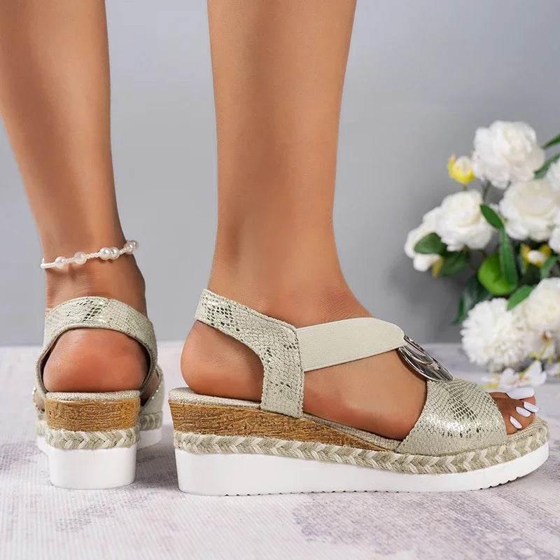 2025 Summer Gold Wedge Heel Sandals Women Fashion Snake Print Platform Sandles Woman Metal Ring Buckle Thick Sole Rome Sandalias - Empire P.E