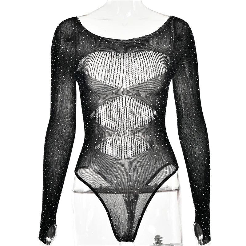 Women's Mesh Lingerie Rhinestone Body Long Sleeve - Empire P.E