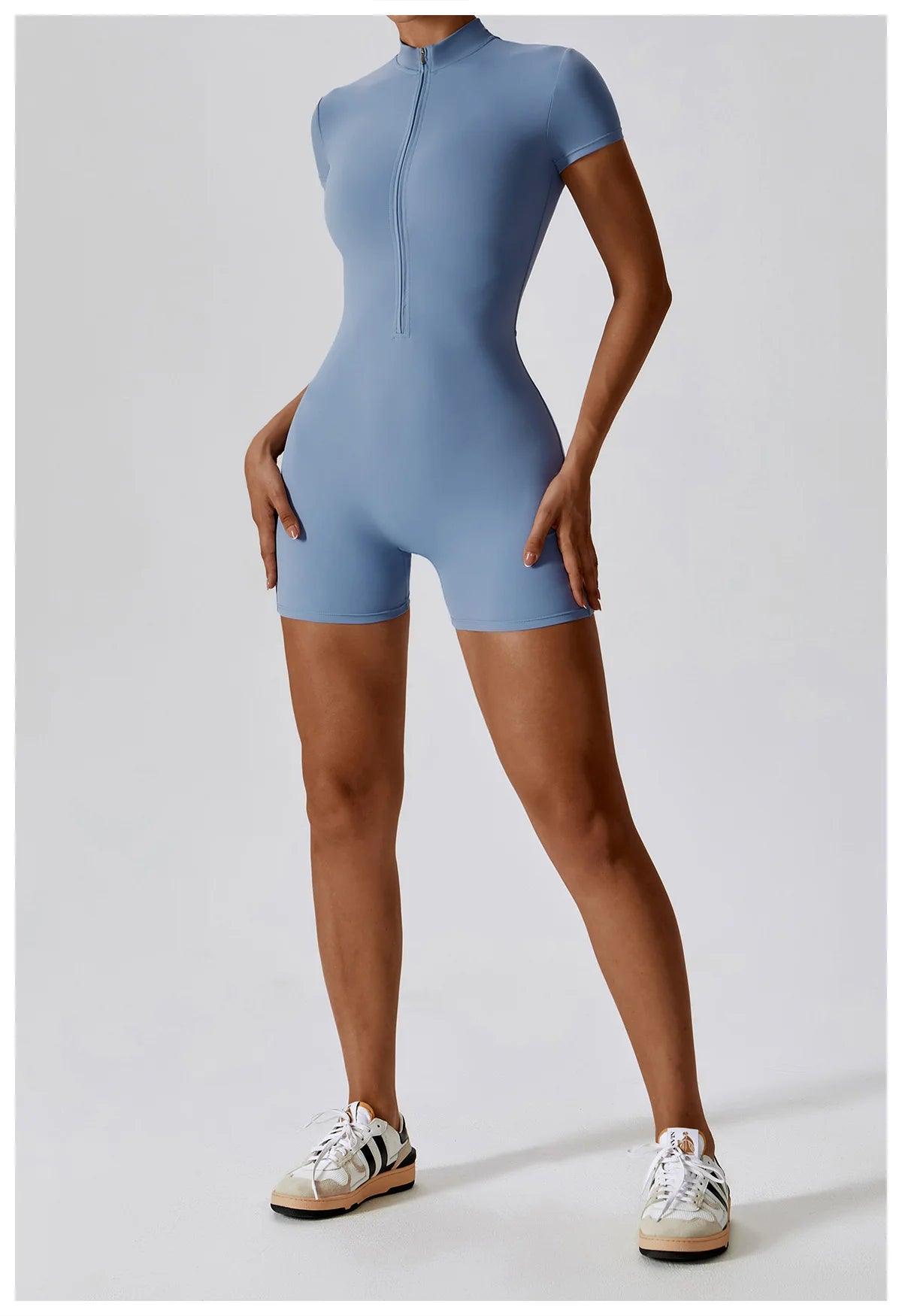Yoga Set Women's One-Piece Suit Zipper Short Sleeve Gym Push Up Workout Clothes Fitness Short Bodysuit Sportswear Jumpsuits - Empire P.E