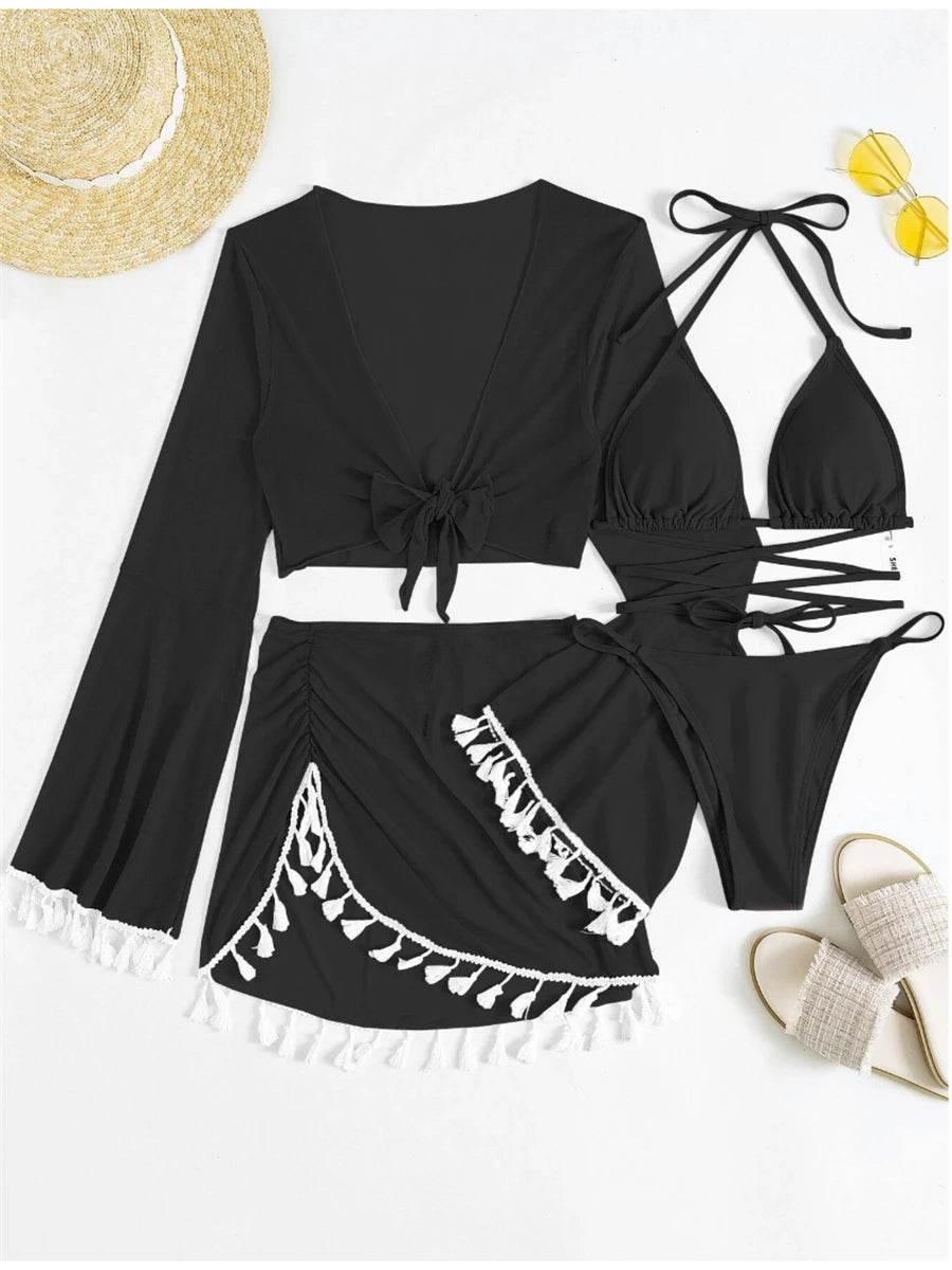 Sexy 4 Pieces Halter Bikinis Women Solid Swimwear Female Cover Up Swimsuit Long Sleeve And Skirt Bathing Suit Beachwear Summer - Empire P.E