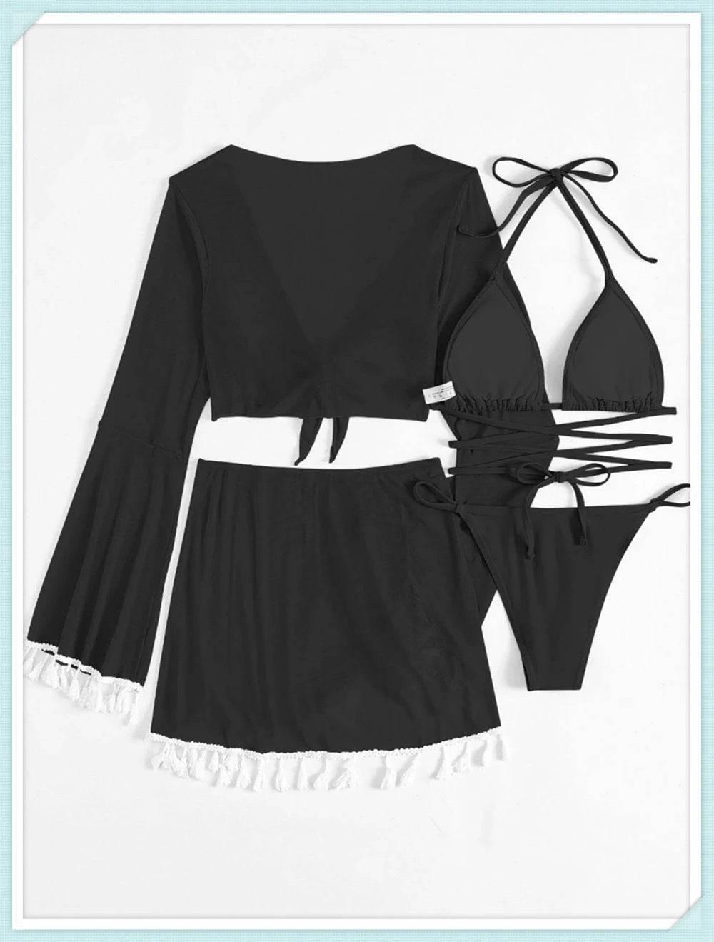 Sexy 4 Pieces Halter Bikinis Women Solid Swimwear Female Cover Up Swimsuit Long Sleeve And Skirt Bathing Suit Beachwear Summer - Empire P.E