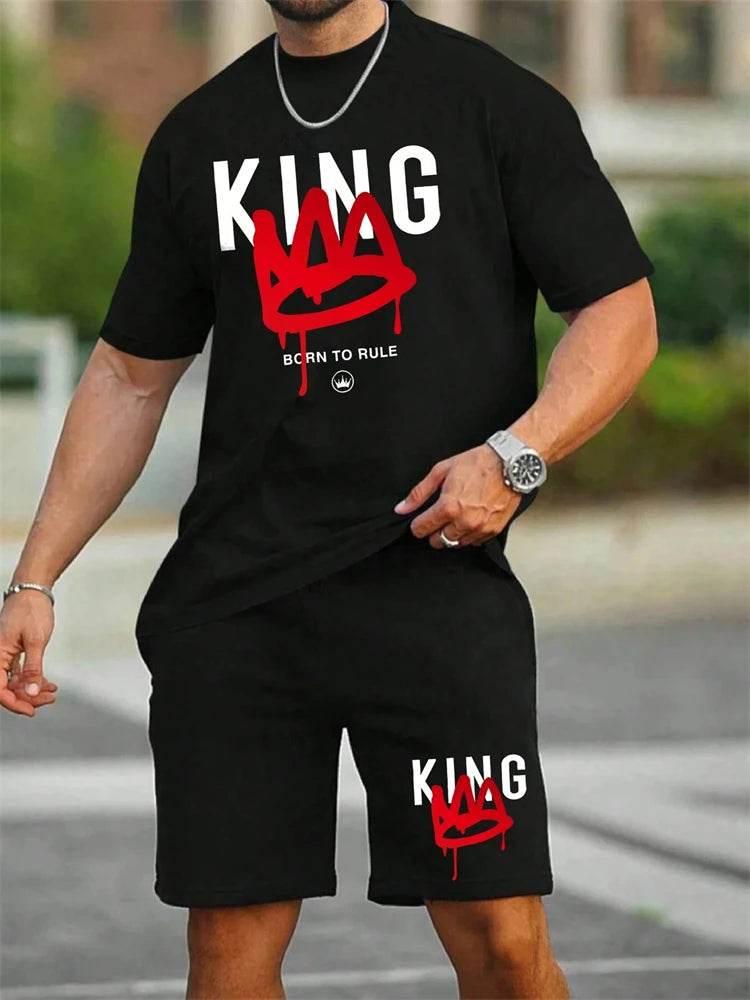 New Men's Short Sleeve Shorts Set Fashion King Printed T-Shirt - Empire P.E