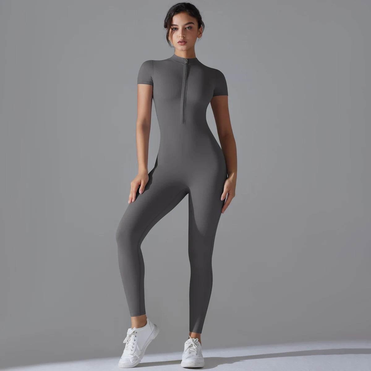 Yoga Set Women's Jumpsuits One-Piece Suit Zipper Short Sleeve Gym Push Up Workout Clothes Fitness Bodysuit Sportswear Tracksuit - Empire P.E
