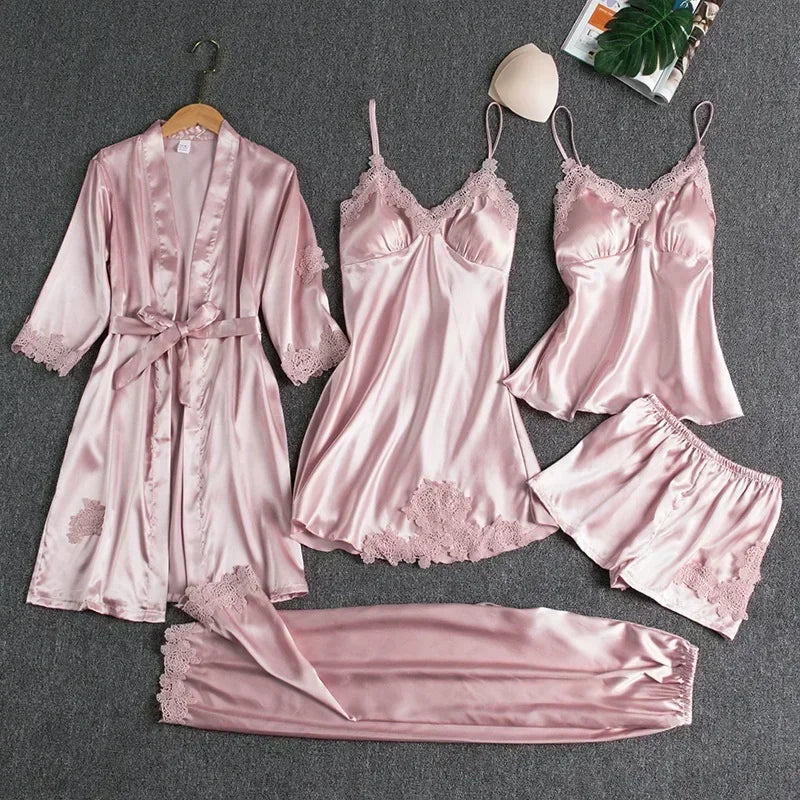 5-piece Set of Women's Sexy Silk Nightgown - Empire P.E