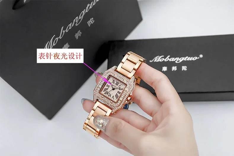 Ladies Dial Quartz Wristwatches Dress Clock Large square diamond-encrusted dial steel belt living waterproof quartz watch - Empire P.E