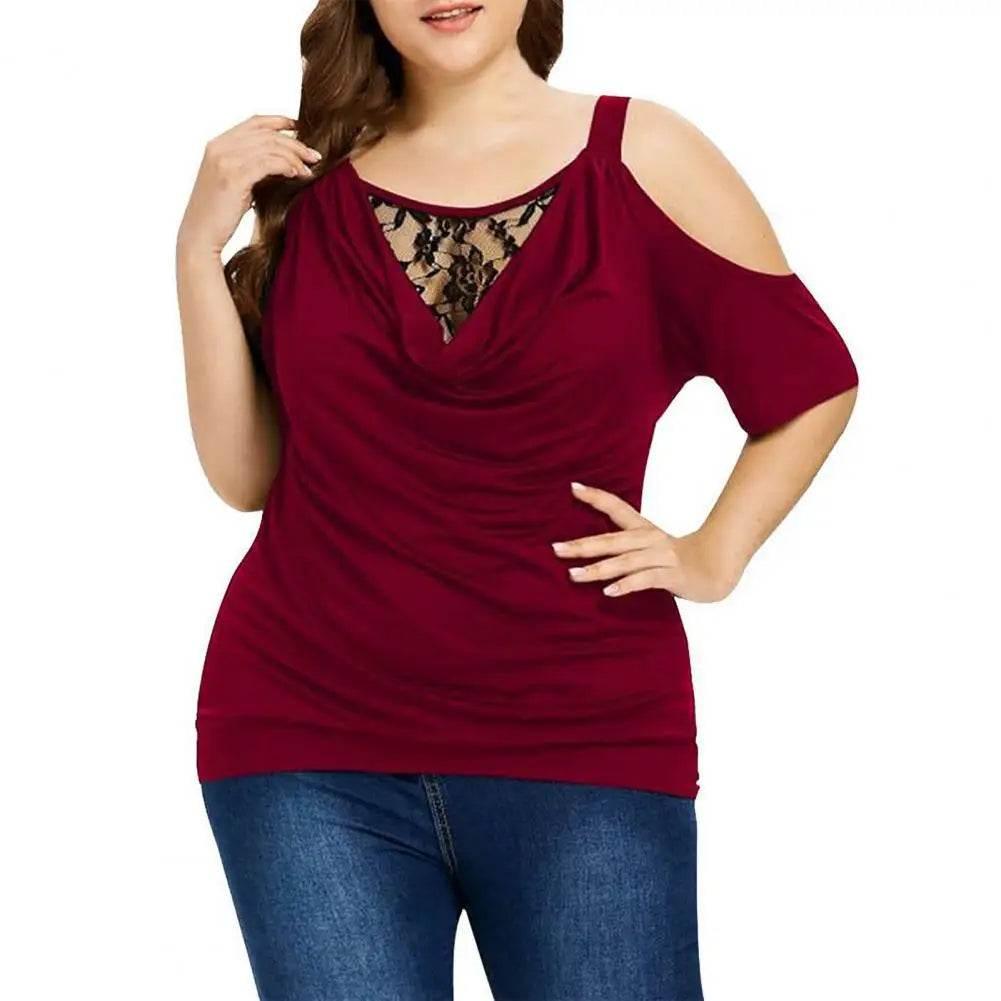 Plus Size Summer Women Blouse Lace Short Sleeves Hollow Out Solid Color See-through Off Shoulder Shirts Blouse Top - Empire P.E
