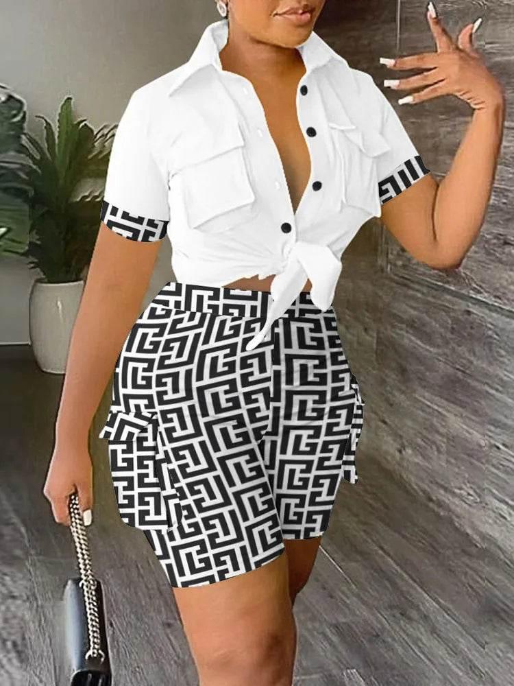 Pant Sets Women Printed Short Sleeved Shirt, 2-piece Suit With Pockets, Shoelace Top, Shorts, Thin Handbag, Summer - Empire P.E