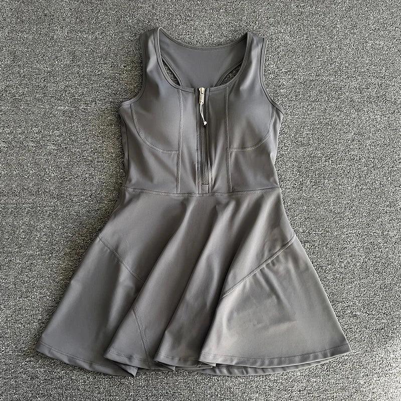 Tennis Skirt Casual Half Zipper Sports Fitness Dress Anti-Running High Waist Slim Golf Yoga Dress - Empire P.E