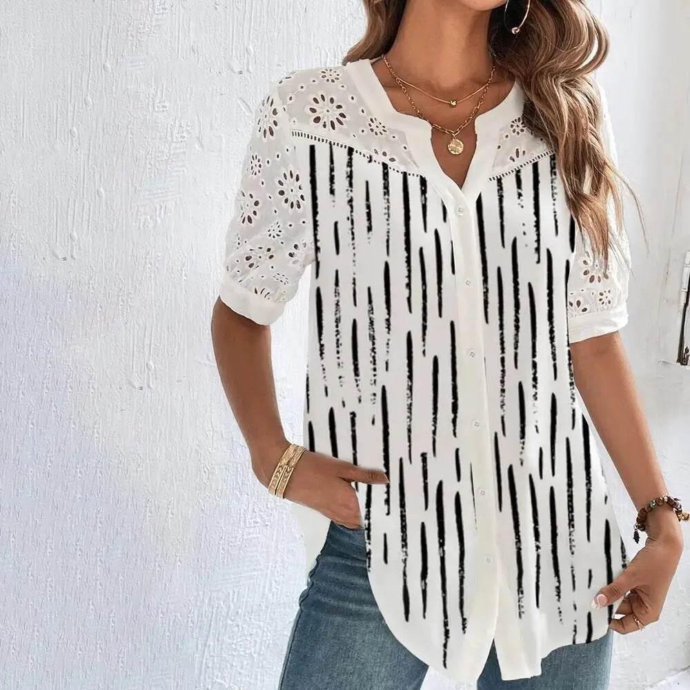 Temperament Casual Lace Woman Shirt Fashion Loose Shirt Woman Elegant Short Sleeve Blouse Holiday Weekend - Empire P.E