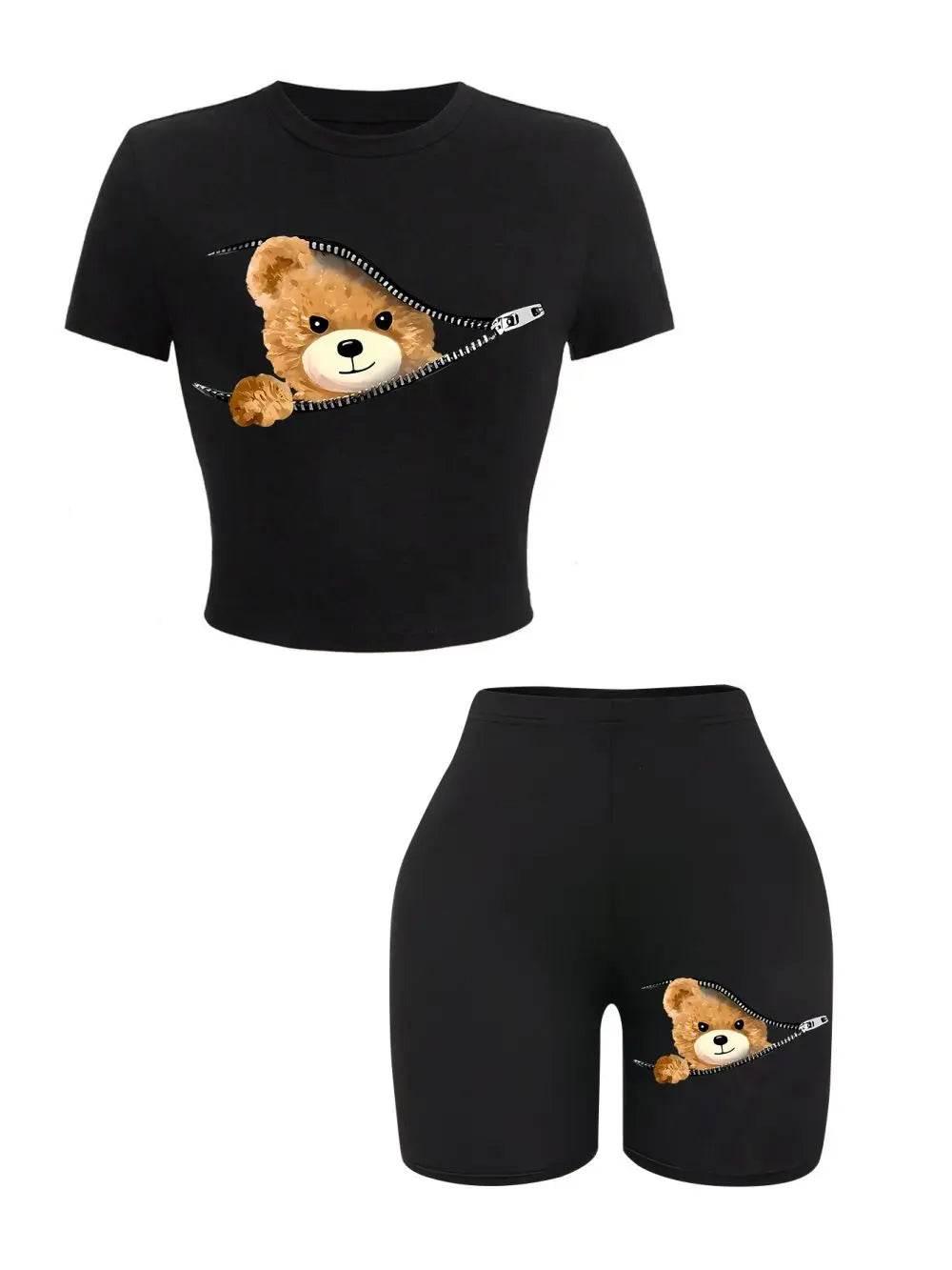 2 Pieces Set Women Slim Crop T-Shirts Shorts A Teddy Bear Emerged From The Zipper Prints Tops Sporty High Elastic Soft Clothes - Empire P.E