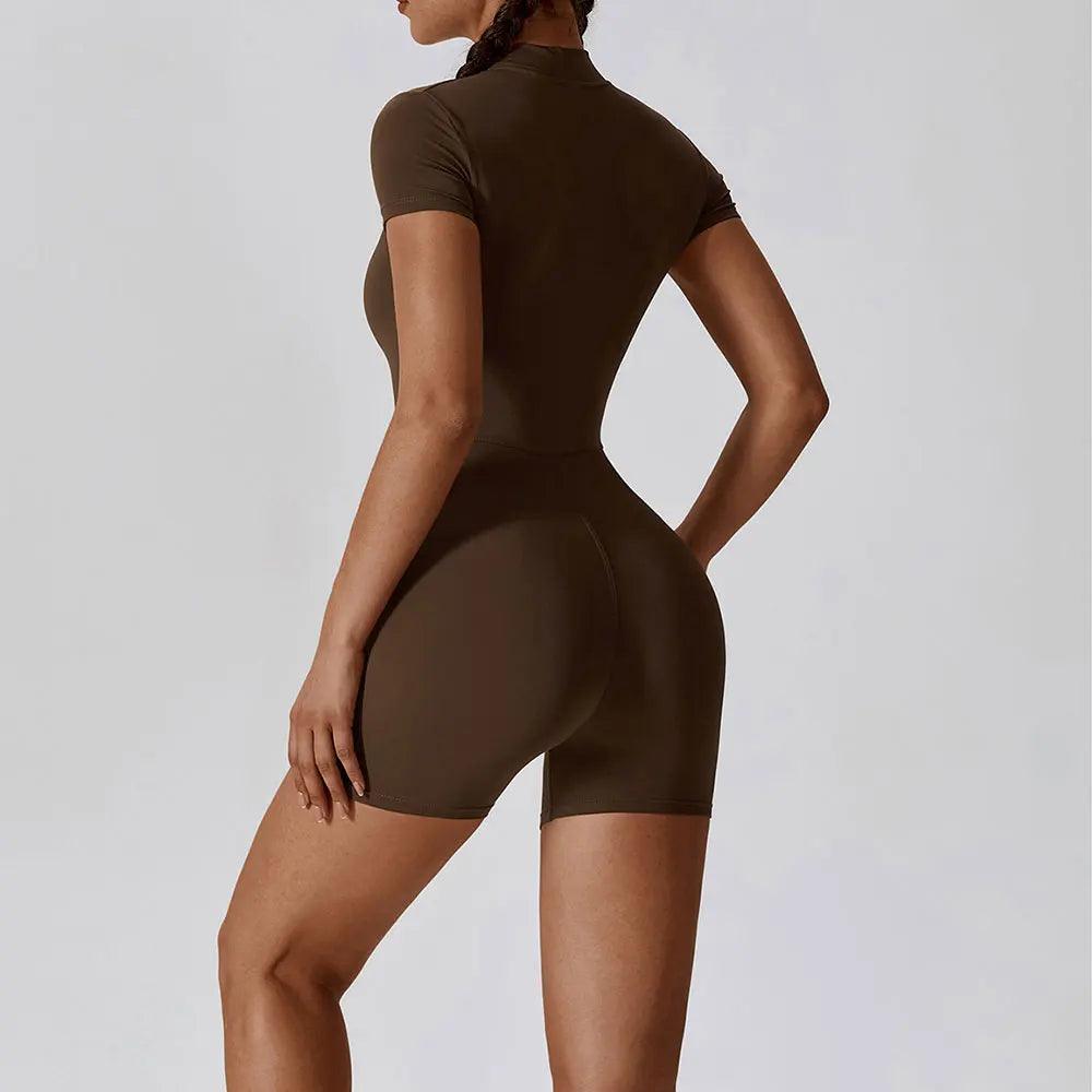 Yoga Set Women's One-Piece Suit Zipper Short Sleeve Gym Push Up Workout Clothes Fitness Short Bodysuit Sportswear Jumpsuits - Empire P.E